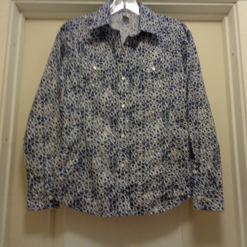 COASTAL COWGIRL WALLS BLUE & WHITE PRINT SHIRT W SNAPS L